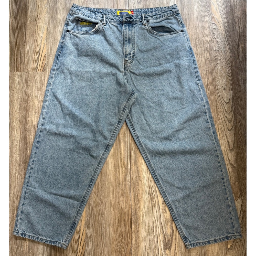 Empyre Loose Fit Skate Jeans Light Wash Denim Blue Mens 34 Graffiti Embroidered